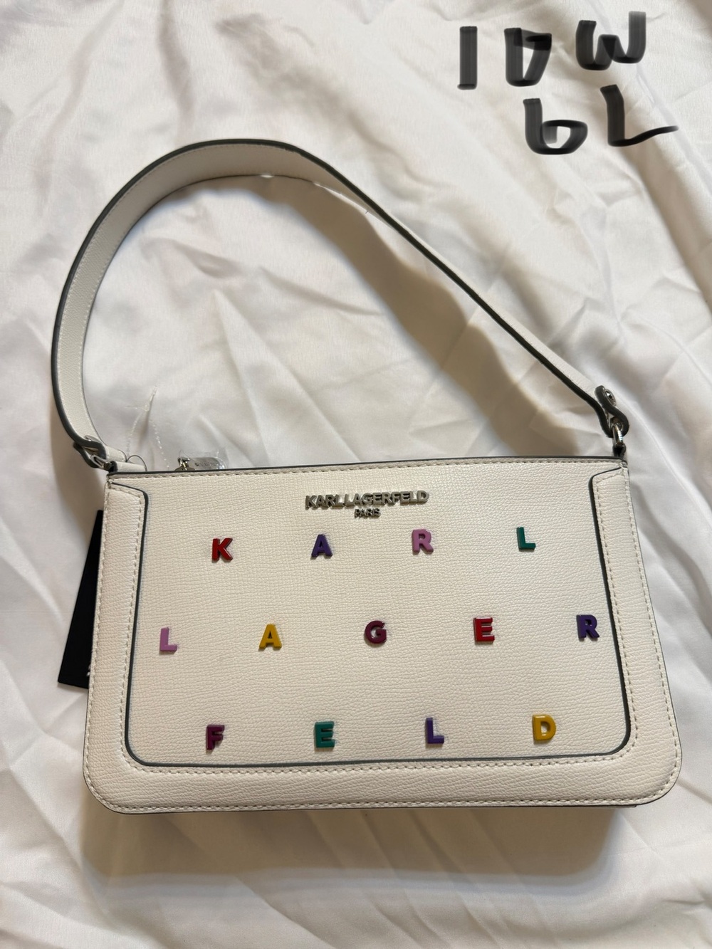 Karl Lagerfeld White Shoulder Bag with Multicolor Letter Accents